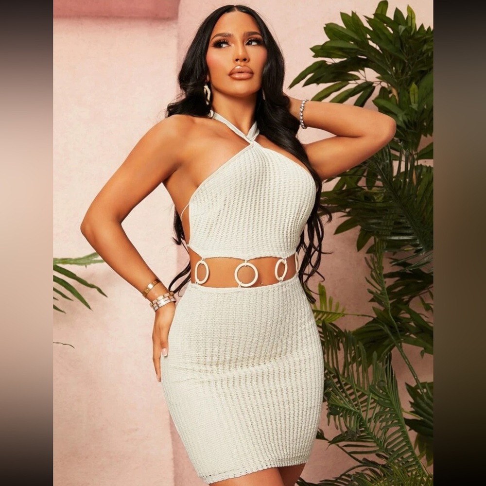 NWT Shein Cutout O-Ring Halter Tie Backless Crochet Lined Beige Mini Dress
